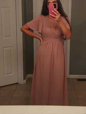 Azazie Dusty Rose Bridesmaid Maxi Dress with Flutter Sleeves Size A8 Extra Long